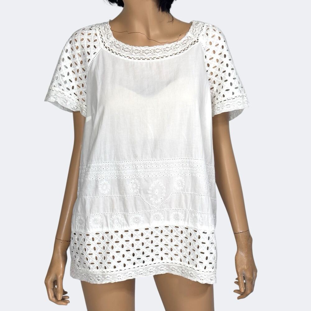 White Cotton Eyelet Lace Raglan Peasant Top XL Cottagecore